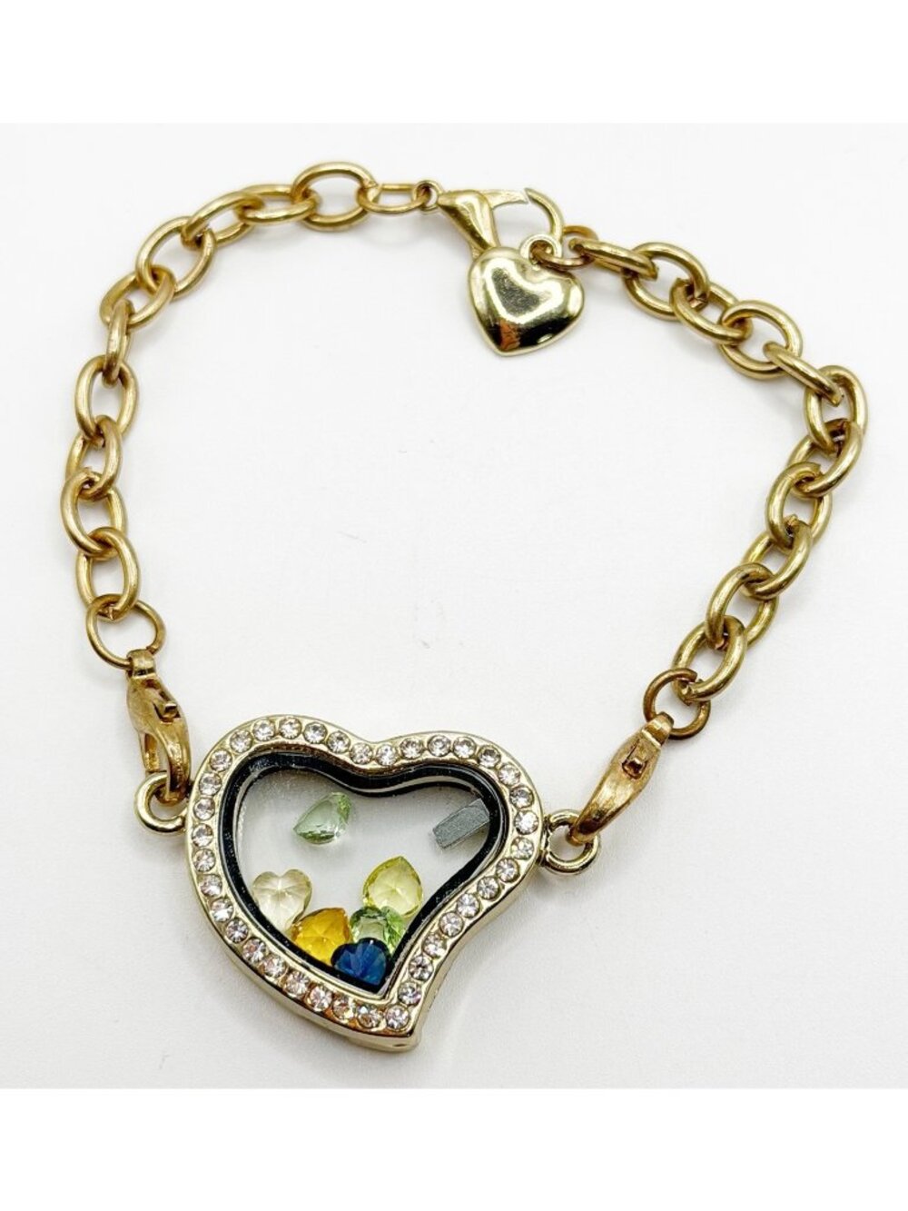 Gold Tone Fillable Heart Charm Bracelet Rhinestone Hearts Inside Magnetic Locket